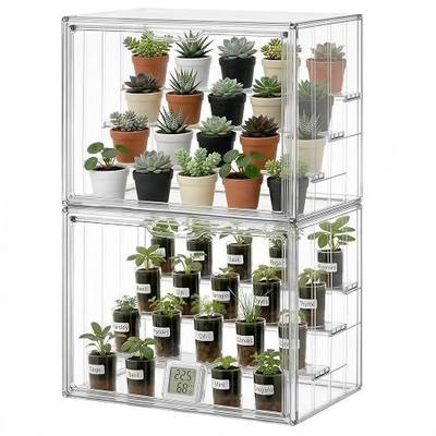 HBlife Mini Greenhouse for Indoor, Clear Stackable Green House with Magnetic Door & Adjustable Drainage Dividers, Tabletop Portable Greenhouse for Small Plants Nursery Germination and Display, 1 Pack