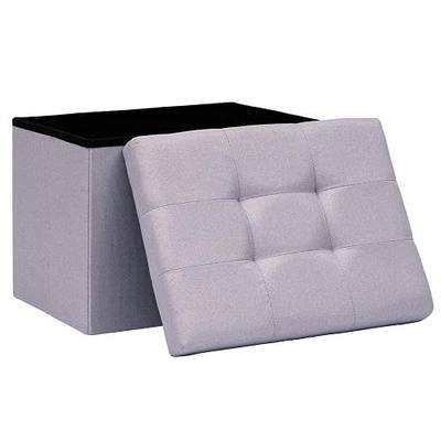 16.5 Inch Small Rectangular Storage Ottoman, Collapsible Footrest | Small Space Footstool with Storage, Padded Tufted Lid, Foldable, for Living Room, Bedroom and Dorm, Linen, Light Purple