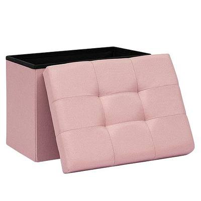 16.5 Inch Small Rectangular Storage Ottoman, Collapsible Footrest | Small Space Footstool with Storage, Padded Tufted Lid, Foldable, for Living Room, Bedroom and Dorm, Linen, Pink