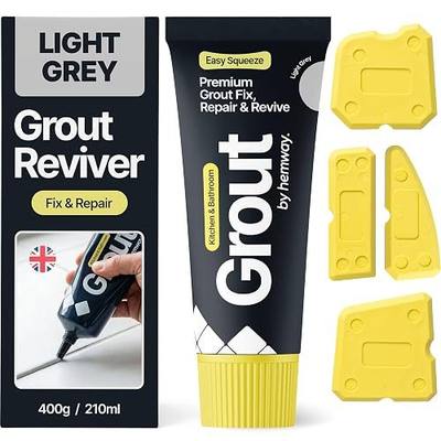 Hemway Light Grey Grout Reviver 400g with 4 Piece Profiling Tool Kit | Ready Mixed Grout Repair, Wall & Floor Tile Adhesive, Kitchen Bathroom Shower, Fast Drying