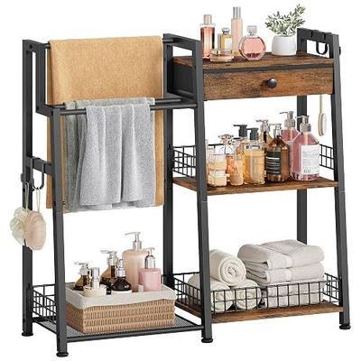Gewudraw 2-in-1 Bathroom Ladder Shelf with Towel Rack & Drawer,Rustic Brown | 3-Tier Bathroom Organizers and Storage with Hooks, Bathroom Towel Storage, Towel Shelf for Laundry Room, Living Room, Balcony