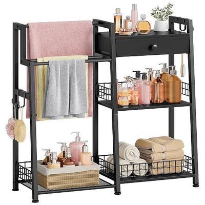 Gewudraw 2-in-1 Bathroom Ladder Shelf with Towel Rack&Storage Drawer, Black | 3-Tier Bathroom Organizers and Storage with Hooks, Bathroom Towel Storage, Towel Shelf for Laundry Room, Living Room, Balcony