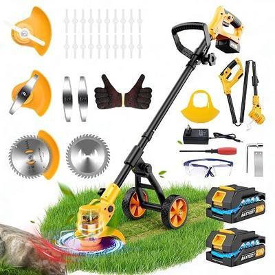 Electric Weed Wacker Cordless with Wheels,Electric Weed Eater Battery Powered,4 in 1 Grass Trimmer/Brush Cutter/Grass Edger/Small Lawn Mower,No String Trimmer with Metal Blade,2 Battery