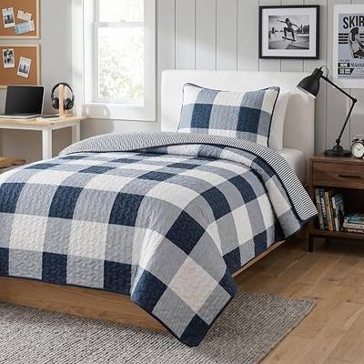 Soul & Lane - Navy Blue Buffalo Plaid Quilt Set, Twin, 1 Sham, Boys Bedding | Navy Gingham Quilted Bedspread, Checkered Farmhouse Bedding, Striped Coverlet, Lightweight Comforter, Check and Stripes