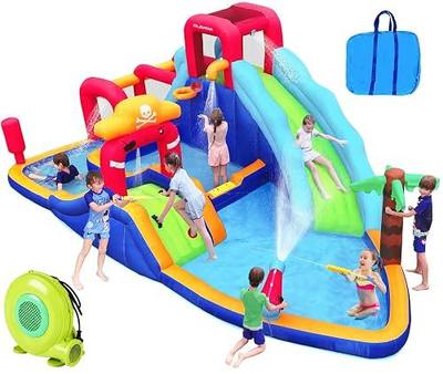 ELEMARA Inflatable Water Slide Bounce House, 10 in 1 Inflatable Water Park with Blower, 2 Slides & 2 Climbing Walls & 2 Water Guns, Deep Pool Giant Splash Pool, Water Slides for Kids Backyard for 6