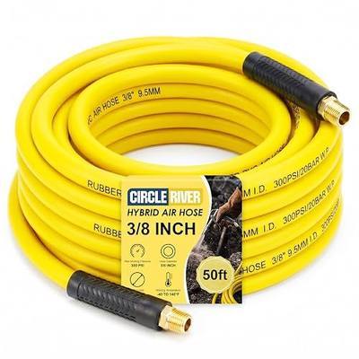 50 FT Hybrid Air Hose 3/8" I.D. Air Compressor Hose with 1/4" Industrial NPT Fittings, 300 PSI Kink Resistant Lightweight Rubber PVC Hose, All-Weather Flexible Pneumatic Hose(yellow)