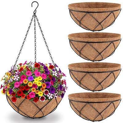 Hanging Baskets for Plants Outdoor, 4 Packs 12 Inch Metal Wire Hanging Planter with Coconut Liners, Flower Basket Pot for Outside Garden Patio Porch Balcony Fence