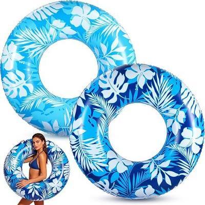 2 Pcs Pool Tubes for Adults 42 Inch Large Inflatable Floats Tube Tropical Leaves Inflatable Pool Floats Rings Colorful Swimming Ring Hawaii Summer Swimming (Light Blue,Dark Blue)