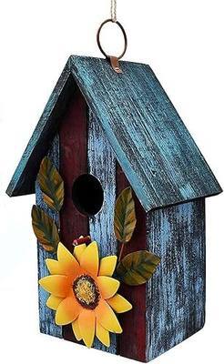Wooden Bird House Bluebird Nest Box Birds Home Birdhouses Hanging Outdoor | Decorative Wood Birdhouse for Wren Finch Chickadee Sparrows Cardinals Garden Tree 9.37 Inch Tall(Blue)