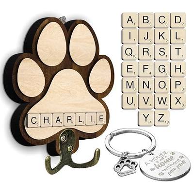 Dog Leash Holder for Wall Mount with Scrabble Letters, Wooden Paw Print Wall Hook, Pet Collar and Harness Organizer for Entryway, Key Hook for Pet Lovers & Dog Owners, Home Decor PF283