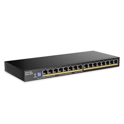 Zyxel 16 Port Network Ethernet Switch | Unmanaged GbE PoE+ | GS1100-16EPS | 16x GbE PoE+ with 135W Budget, DIP Switch Control, Fanless, Slim Design, Wall Mount Kit Included, Plug-and-Play Installation