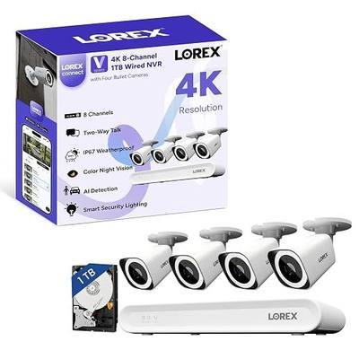 Lorex Connect (New App) | 8Ch 4K V-Series NVR System | 4 V3 Bullet Cameras | White IP Cameras | No Cables | 1TB | 2-Way Talk| Lights & Siren Deterrence| Color Night Vision | AI Detections | Quiet | IP67