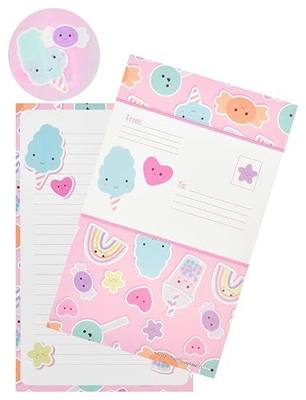 iscream Fold and Send Girls Stationery Cards with Seals - Smiling Sweets | 8 Pack, Cute Kawaii Print, Large Format 8.7" x 5.4" Cards, Sturdy Lenticular Picture Changing Stickers, Summer Camp Ready