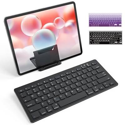 OMOTON Rechargeable Compact Bluetooth Keyboard for iPad, Adjustable Stand, Key Stickers, Slim Portable Wireless Keyboard for iPhone and iPad Pro/Air/Mini, Ideal for Study, Travel and Office, Black