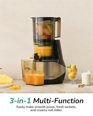 Canoly 3-in-1 Cold Press Juicer C09, Makes Juice & Sorbet & Nut Milk | 6" Extra Wide Feed Chute, Powerful AC Brushless Motor, Self Precut System, Juicer Machines with BPA-Free (Classic)
