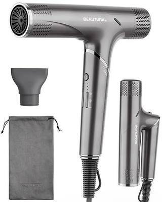 BEAUTURAL 1600W High-Speed Foldable Dual Voltage Travel Hair Dryer, Gray | 110,000 RPM Brushless Motor, 3 Temps & Speeds, Ionic Anti-Frizz, Dual Voltage 100-240V, Lightweight Travel-Ready
