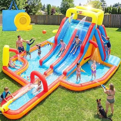 Whubefy 19.3x14Ft Large Inflatable Water Slide for Kids Backyard, 16-in-1 Dual Lane Waterslides Park Bounce House with Surfing Slide, 3 Pools, 2 Climb Walls, 15pcs Toys, 620W Blower, Hold for 8 Kids