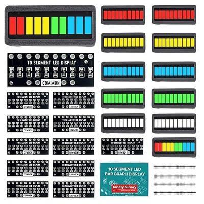LONELY BINARY 12-Pack 10-Segment LED Bar Graph 6-Color Resistor PCB Case | 2x each: red, yellow, white, green, blue, multicolor; built-in current-limiting resistors, no wiring; 2.54mm; Arduino, ESP32