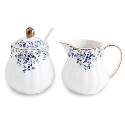 Ceramic Sugar and Creamer Set, 3 Piece Set with Cream Pitcher, Sugar Bowl, Spoon (Little Blue Flower)