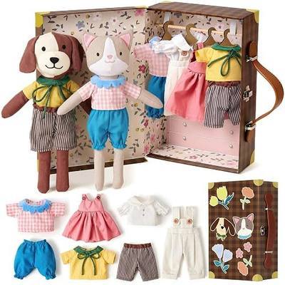 Lorfancy Cat & Dog Plush Doll Dress Up Playset with Portable Suitcase Wardrobe, 2 Stuffed Animals & 4 Doll Clothes Outfits, Pretend Play Travel Toy, Birthday Gifts for Girls 3 4 5 6 7 8 Year Old