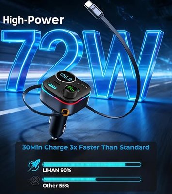 Bluetooth 5.4 FM Transmitter, 72W Car Charger with 45W Retractable USB-C PD | Built-in Cable, Hands-Free Calling, Deep Bass, LED Display, USB Drive Music Player for Cars Trucks