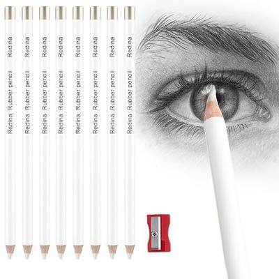 White Eraser Pencils for Artists, 8 Pack with Sharpener, Wood Barrel | Fine-Point Erasing for Sketching And Charcoal, Wood-Cased Design, Clean Highlights, Home School Or Office Use