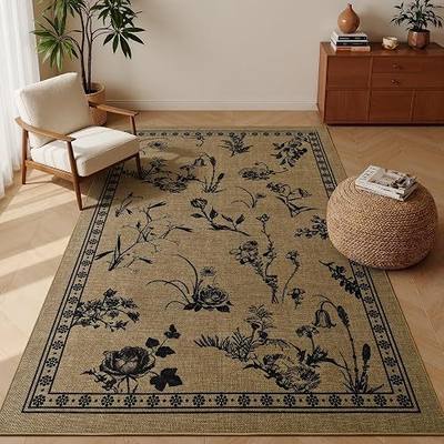 Easy Jute 3x5 Outdoor Patio Rug Beige Botanical Sketch | Farmhouse Neutral, Washable, Non Slip Thin, Decor for Indoor Patio Backyard Entryway Backyard Bedroom Kitchen Office
