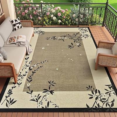 Easy Jute 4x6 Outdoor Rug Brown Cherry Blossom Branch | Non Slip, Washable, Stain Resistant, Oriental Neutral, Thin Door Decor for Indoor Patio Backyard Bedroom Kitchen Living Room