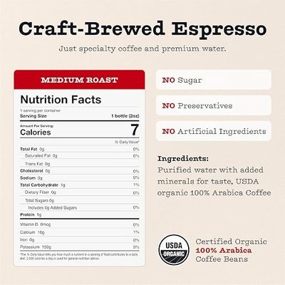 Bizzy Organic Double Espresso Shots, Medium Roast Coffee, 100 mg caffeine/serving, Ready to Drink, 2 fl oz Bottles, 24 Count