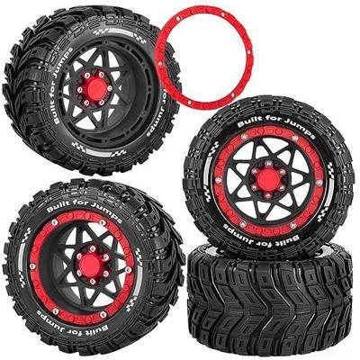 RC Truck Wheel and Tires for 1/16 SUMMIT E-REVO GORGON GROM MINI KRATON M-J-X H-B-X S-C-Y RC Car,Monster Truck Car Wheel Tires w/Plastic Wheels Rim,Soft Tire Highway Wheels (4PCS),Black and Red