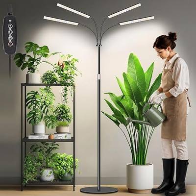 LBW Grow Lights for Indoor Plants, 75" Tall Plant Grow Light, Full Spectrum Grow Light with Stand, 6/8/12/16H Timer, 3 Color Modes, 360°Flexible Gooseneck, 4 Heads, Black