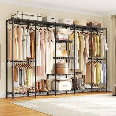 ONBRILL F5 Extra Large Industrial Pipe Clothing Rack, Freestanding Portable Closet Organizer System with Shelves & Hanging Rods, 86.6'' Wide Heavt Duty Clothes Rack, Max Load 1300lbs, Black