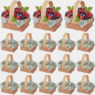 18 Pcs Green Floral Mini Woven Basket with Handle 18 Sheet Green Floral Napkin Wood Chip Mini Flower Fruit Picnic Basket Chip for Wedding Birthday Bridal Shower Baby Shower Favor Gift