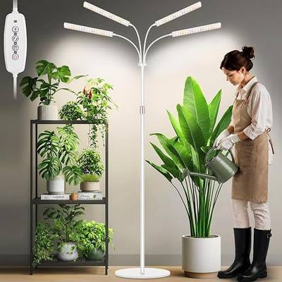 LBW Grow Lights for Indoor Plants, 75" Tall Plant Grow Light, Full Spectrum Grow Light with Stand, 6/8/12/16H Timer, 3 Color Modes, 360°Flexible Gooseneck, 4 Heads, White