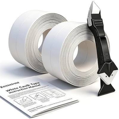 White Caulk Tape, 1.5", 2 Pack, 21 FT Total | 3-in-1 Tool Included, PVC Self Adhesive, Waterproof Sealant Strip, For Bathroom Tub, Kitchen Sink & Toilet Base