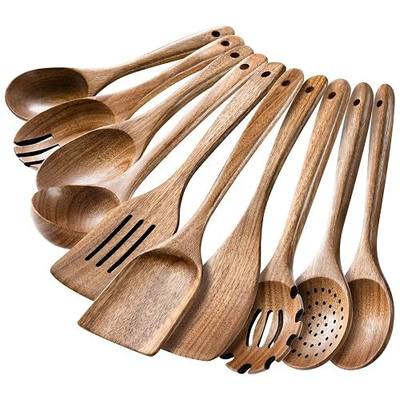 HSM Wooden Spoons for Cooking – 10-Piece Wooden Utensil Set, Non-Stick Safe, Easy-to-Clean Natural Acacia Wood Kitchen Utensils, Ideal for Cooking, Stirring, and Serving at Home