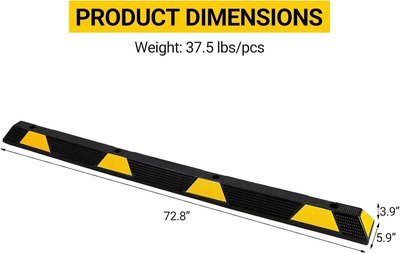 2 Packs 72" Heavy Duty Rubber Parking Curb, 55000 LBS Capacity Parking Stopper with Reflective Stripes, Garage Parking Floor Stop for Vehicles Truck Driveway | Garage Parking Floor Stop with Reflective Stripes for Vehicles Truck Driveway