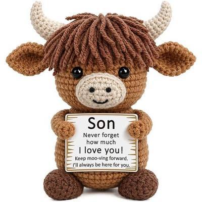 Xinezaa Funny Highland Cow Son Gifts from Mom Dad, Back To School Birthday Gift for Kids Teen Adults Son In Law Bonus Step, I Love You Presents Cute Small Emotional Positive Crochet Highland Cow Decor