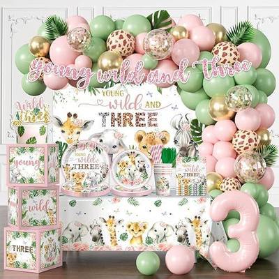 Young Wild and Three Party Decorations Girl Serves 25 Guests | Complete Safari Animal Jungle Theme,3rd Birthday Party Supplies Girl Set,Backdrop,Balloon Arch,Tableware