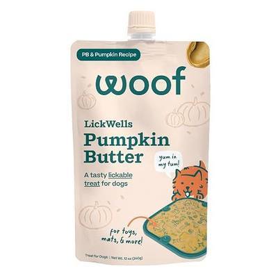 Woof LickWells Pumpkin Butter Dog Lick Mat Spread, 12 oz | Pumpkin & peanut butter, prebiotics & superfoods, squeeze pouch, FlipMat & LickMat compatible