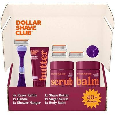 Dollar Shave Club For Women | 1 Purple Wavy Grip Handle, 4 Razor Refills, 1 Cashmere Santal Shave Butter, 1 Sugar Scrub, 1 Body Balm, 1 Shower Hanger | Razors for Women, Womens Razors for Shaving