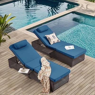 Outdoor Lounge Chairs, Pool Lounge Chairs Set of 2, Outdoor Chaise Lounge with Adjustable Backrest & Cup Holder,Peacock Blue Cushion