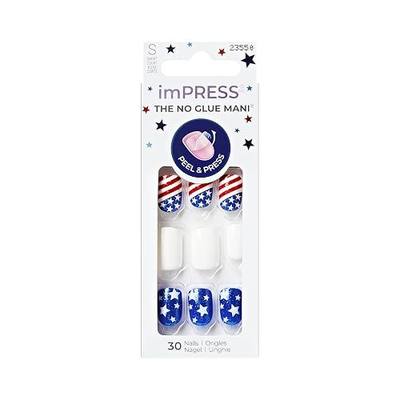 Kiss Impress No Glue Mani Press On Nails, Design, 'Liberty', Multicolor, Short Size, Squoval Shape, Includes 30 Nails, Prep Pad, 1 Manicure Stick, 1 Mini File