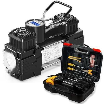 Dual Cylinder Tire Inflator Portable Air Compressor with Tire Repair Kit and Toolbox Portable Air Pump with Digital Display LED Light Auto Shut-Off 12 Volt Air Pump for Truck, SUV, RV(BLACK)