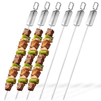 BBQ Skewers for Grilling - 16" Flat Stainless Steel Shish Kabob Skewers with Push Bar Slider - Reusable Metal Kebab Sticks for Meat, Chicken, Shrimp & Vegetables, Set of 6
