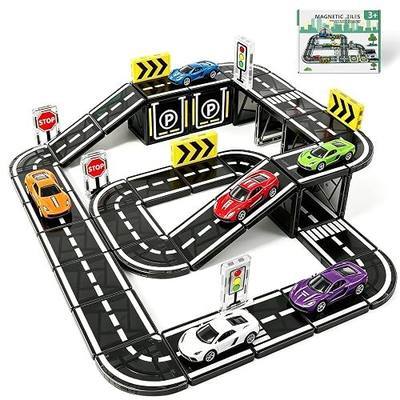 Magnetic Tiles Road Set with Cars, Magnetic Blocks for Kids Ages 4-8 | 6 Cars, Traffic Lights & Road Signs, STEM Construction Toy for Boys Girls Ages 3-5 4-8 5-7, Expansion Magnetic Building