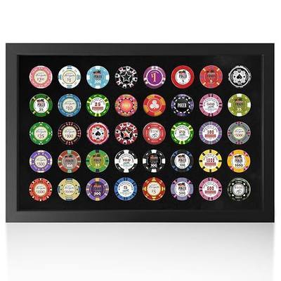 Poker Chip Display Frame, Holds Up to 40 Standard Poker Chips, 14.9 x 10 in Wooden Shadow Box with Black Flocked EVA Liner, Plexiglass Front, Wall Mount or Tabletop Display, Black