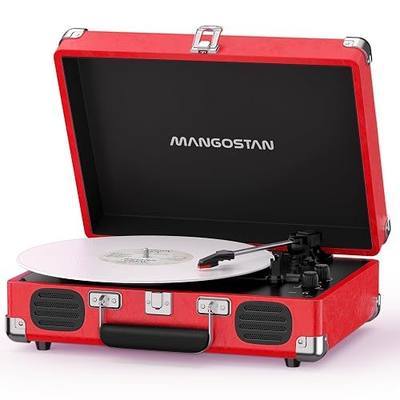 Bluetooth Vinyl Record Player with Speakers, 3-Speed Portable Suitcase Turntable, Belt-Drive LP Player with RCA Output & Headphone Jack (Cherry Red)