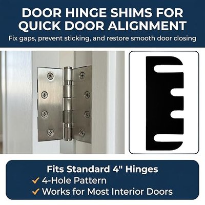 15 Pack Door Hinge Shims, 4 Inch Door Hinge Spacer Kit, Precut Polycarbonate (PC) Black Hinge Shims with DIY Trimmable for Door Alignment & Repair, Filling Gaps, 1.2mm / 0.05" Thickness