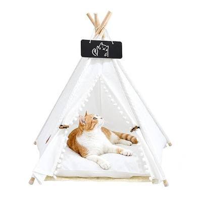 Dog & Cat Tent, Cat Houses for Indoor Cats, Pet Cute Cave Washable Cat or Dog Houses, Washable Canvas, Foldable Pet Teepee Small Animal Hideaway (White Flower Buds-M)